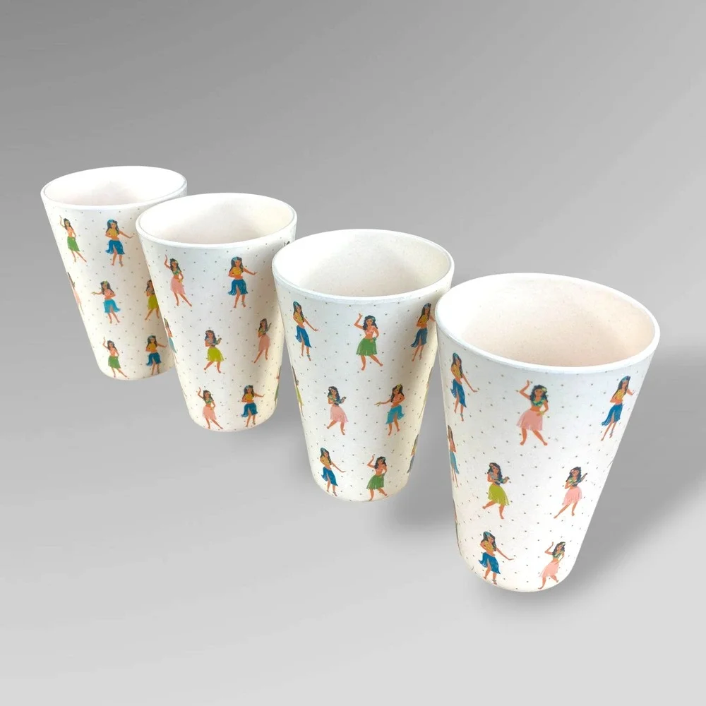 Fig & Fern Hula Girl Tumbler Set of 4 Tropical Retro Tiki Melamine Style Cups‎